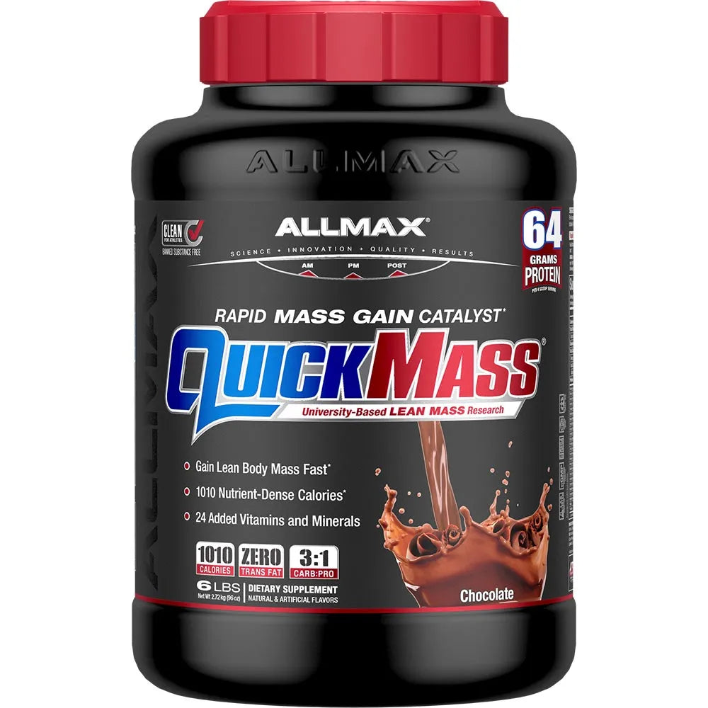 A black plastic tub of Allmax QuickMass Rapid Mass Gain Catalyst powder supplement with a red cap, on a plain white background.