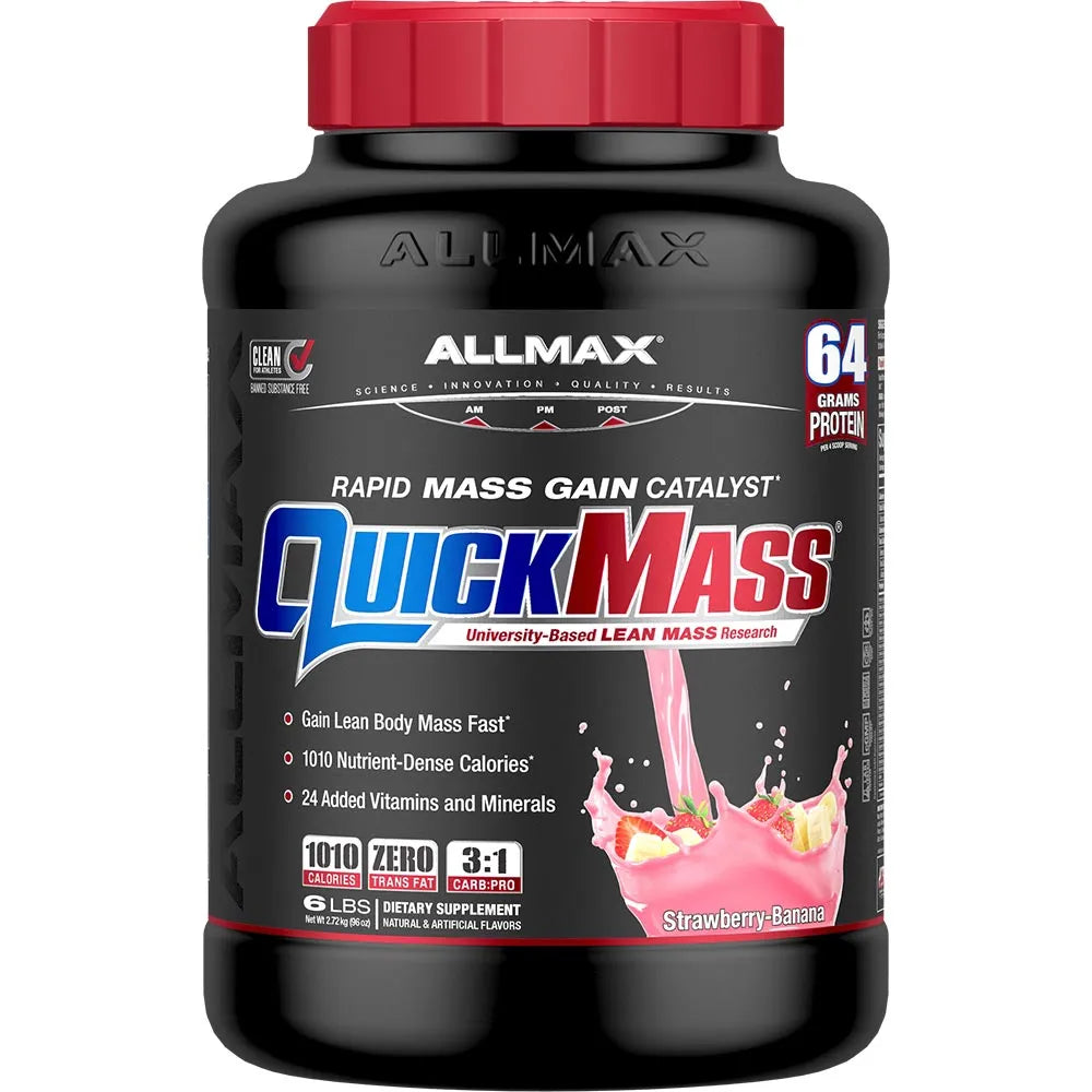 A black plastic tub of Allmax QuickMass Rapid Mass Gain Catalyst dietary supplement in Strawberry-Raspberry flavor, featuring a red cap and a black label with red, white, and blue text.