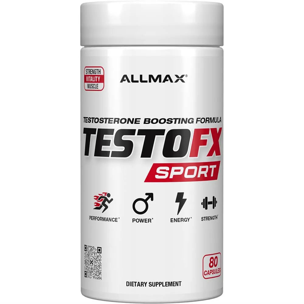 A white plastic bottle of Allmax TestoFX Sport dietary supplement, featuring a white label with bold black and red text and icons indicating performance, power, energy, and strength.