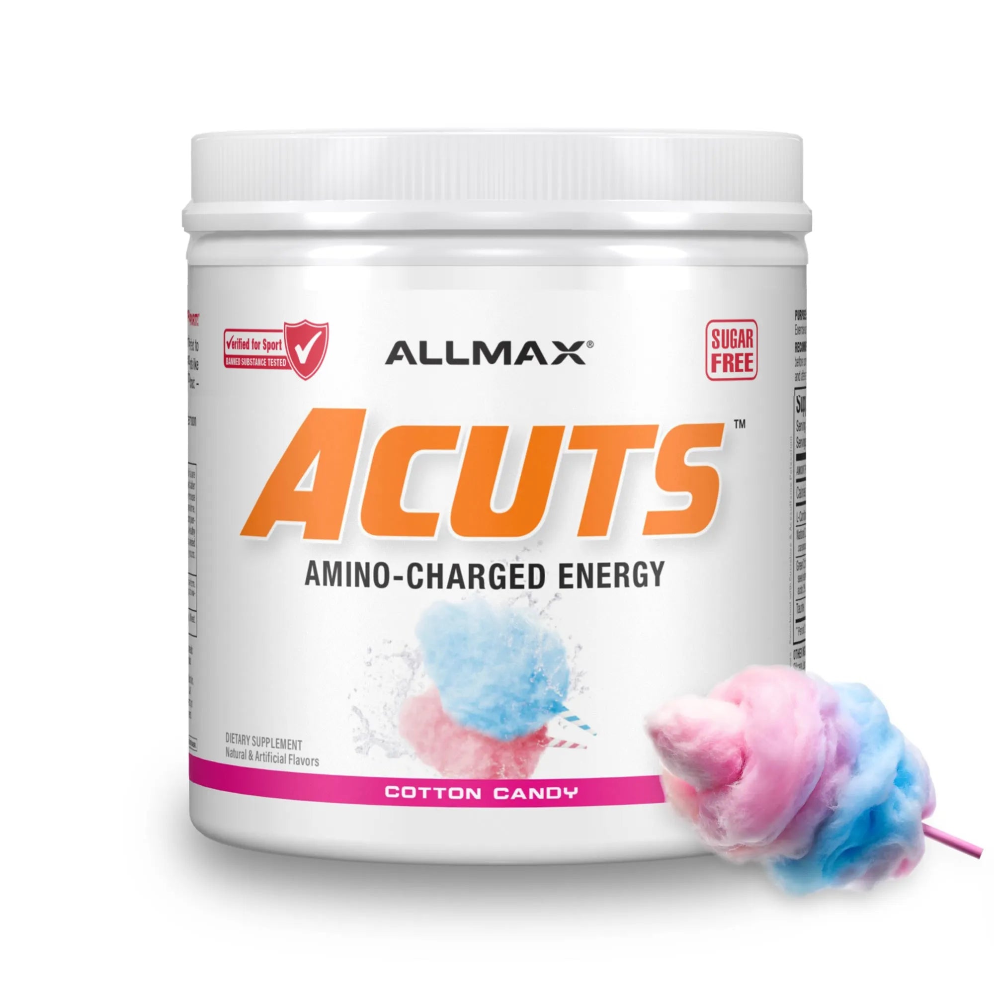 A white plastic tub of Allmax Acuts Amino-Charged Energy dietary supplement in Cotton Candy flavor, shown on a white background with a pink and blue cotton candy graphic next to it.