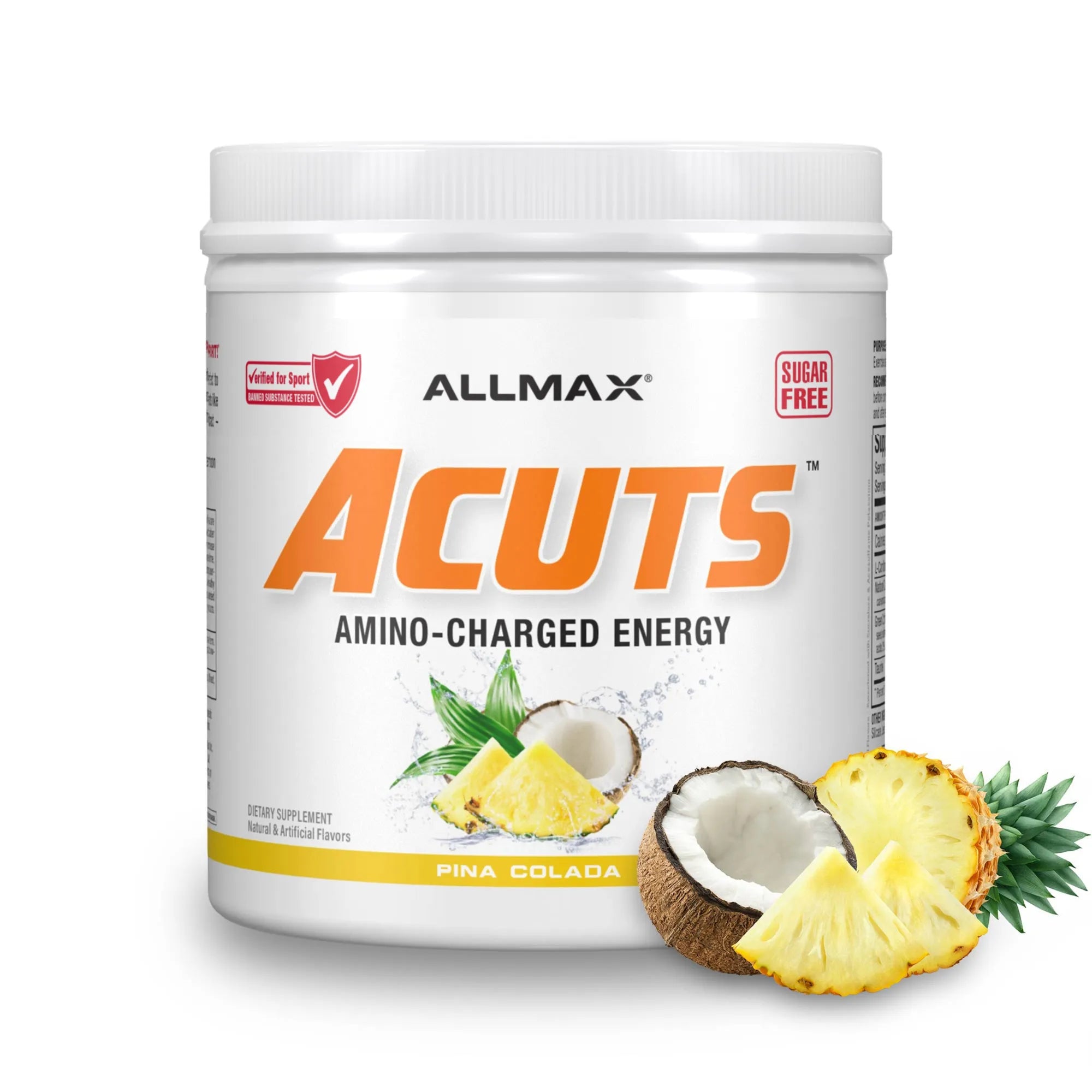 A white plastic tub of ALLMAX Acuts Amino-Charged Energy powder in Pina Colada flavor, shown on a white background with pineapple and coconut graphics at the bottom right.