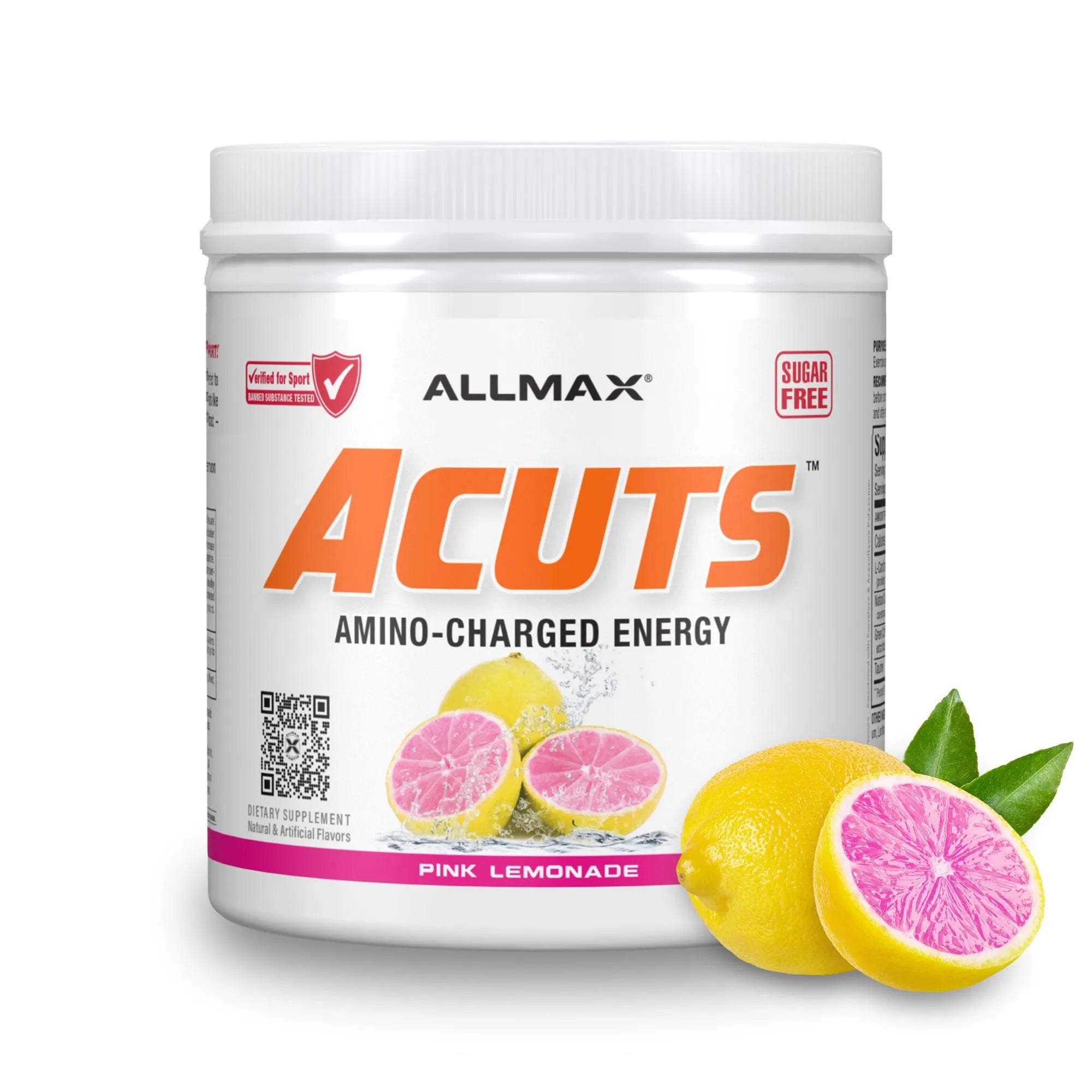 A white plastic tub of ALLMAX Acuts Amino-Charged Energy supplement in Pink Lemonade flavor, shown on a white background with yellow and pink lemon graphics at the bottom right.