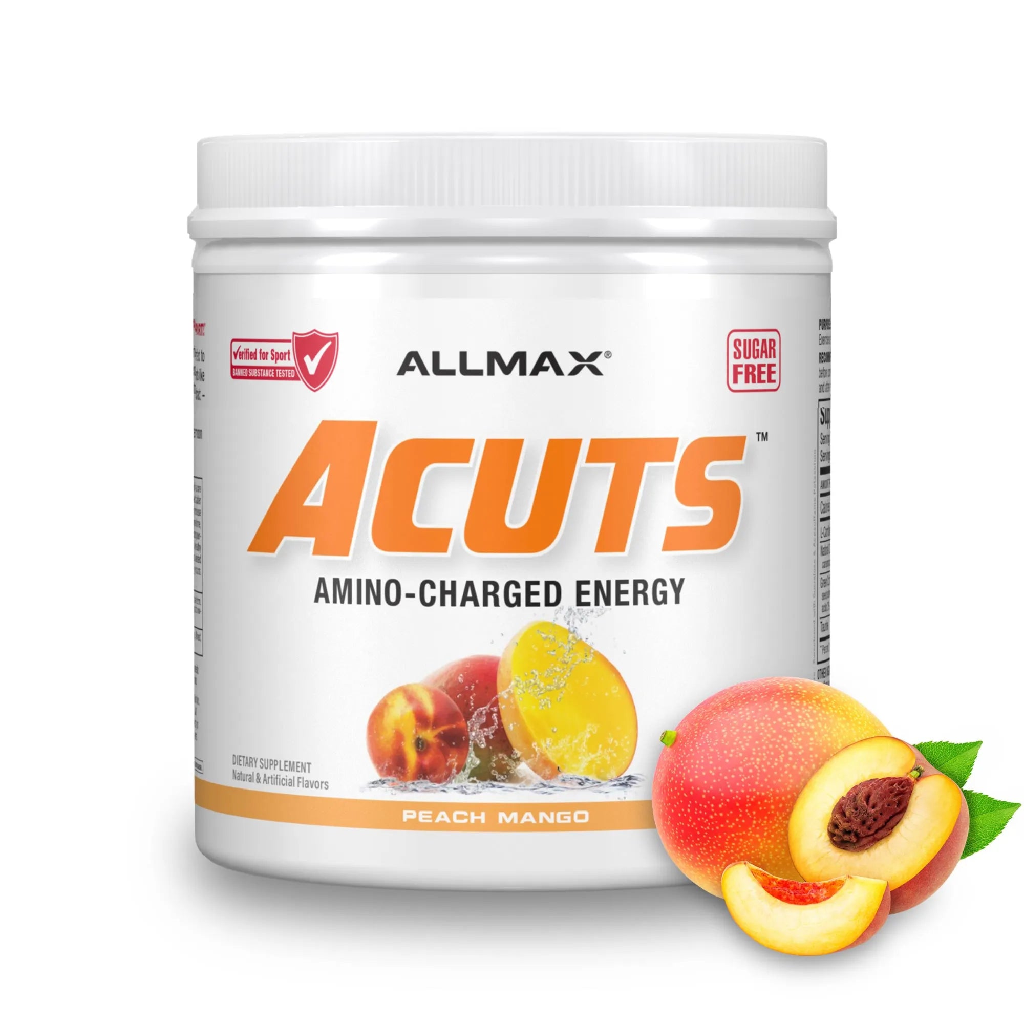 A white plastic tub of ALLMAX Acuts Amino-Charged Energy powder supplement, peach mango flavor, shown on a white background with peach and mango fruit graphics on the front label and in the lower right corner.