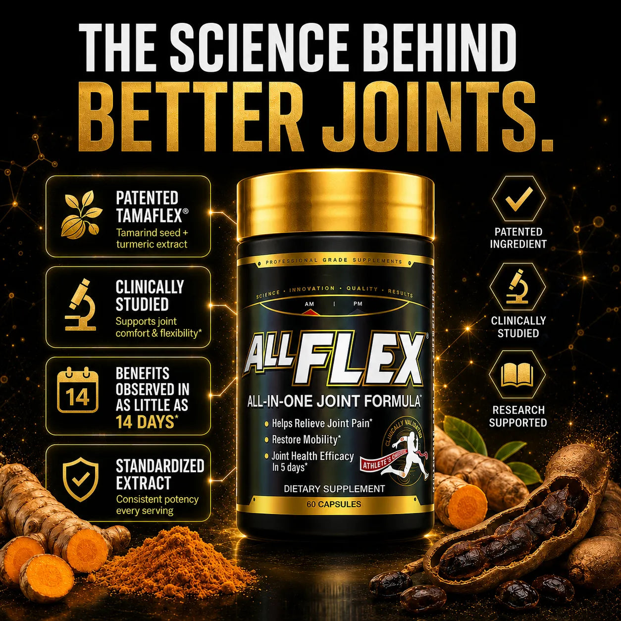 A bottle of AllFlex All-In-One Joint Formula dietary supplement centered on a dark promotional background with text callouts, turmeric root pieces, and peanuts around the base.