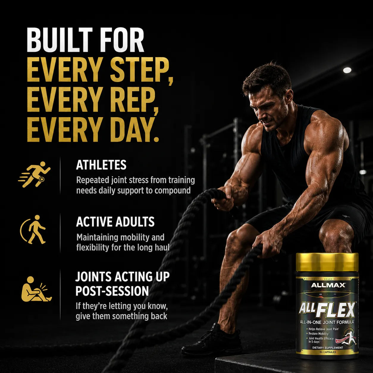A muscular man in a black workout outfit is shown bound and bent over while pulling ropes in a gym setting. Large promotional text on the left reads 'BUILT FOR EVERY STEP, EVERY REP, EVERY DAY.