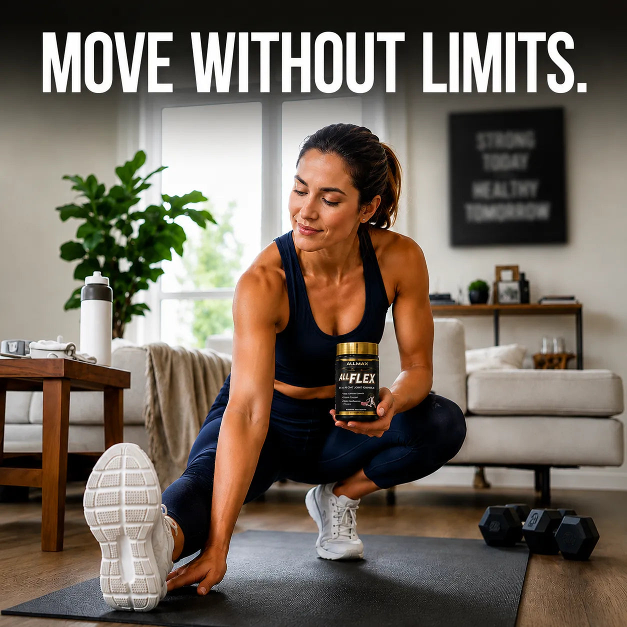 A woman in a home workout setting crouches on a yoga mat while holding a jar of FlexFit supplement. The scene includes a couch, plant, dumbbells, and large text at the top reading 'MOVE WITHOUT LIMIT.