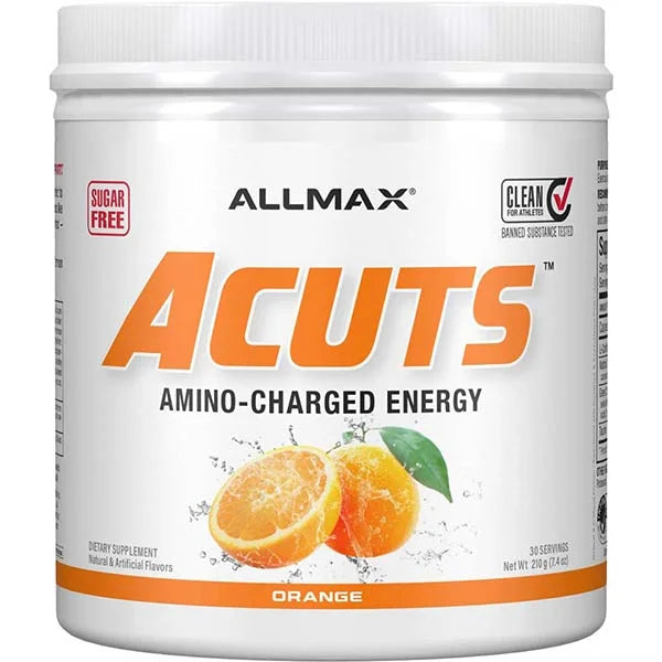 Allmax ACuts Amino-Charged Energy Drink in Orange flavor for sustained workout energy and focus.