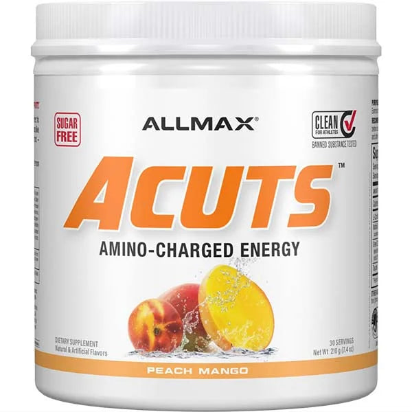 ALLMAX ACUTS Peach Mango amino energy powder supports focus and fat metabolism with a sugar-free formula.