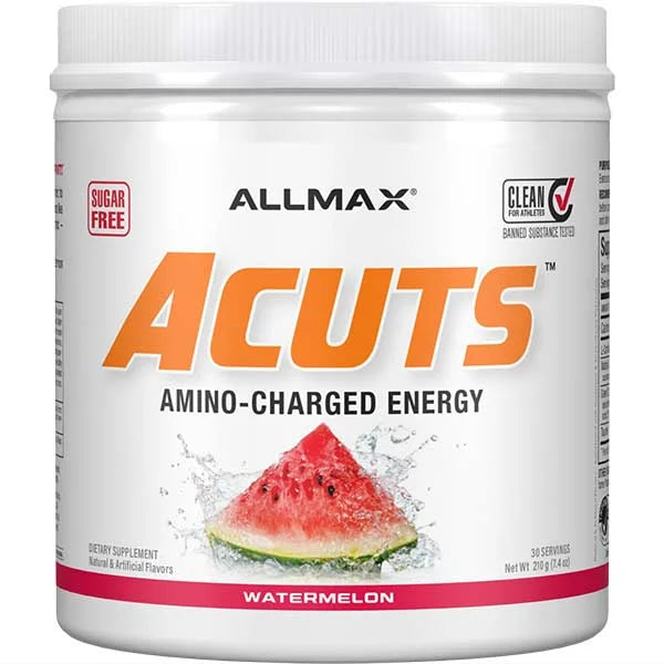 ALLMAX ACUTS Amino-Charged Energy in Watermelon flavor for a sugar-free performance boost.