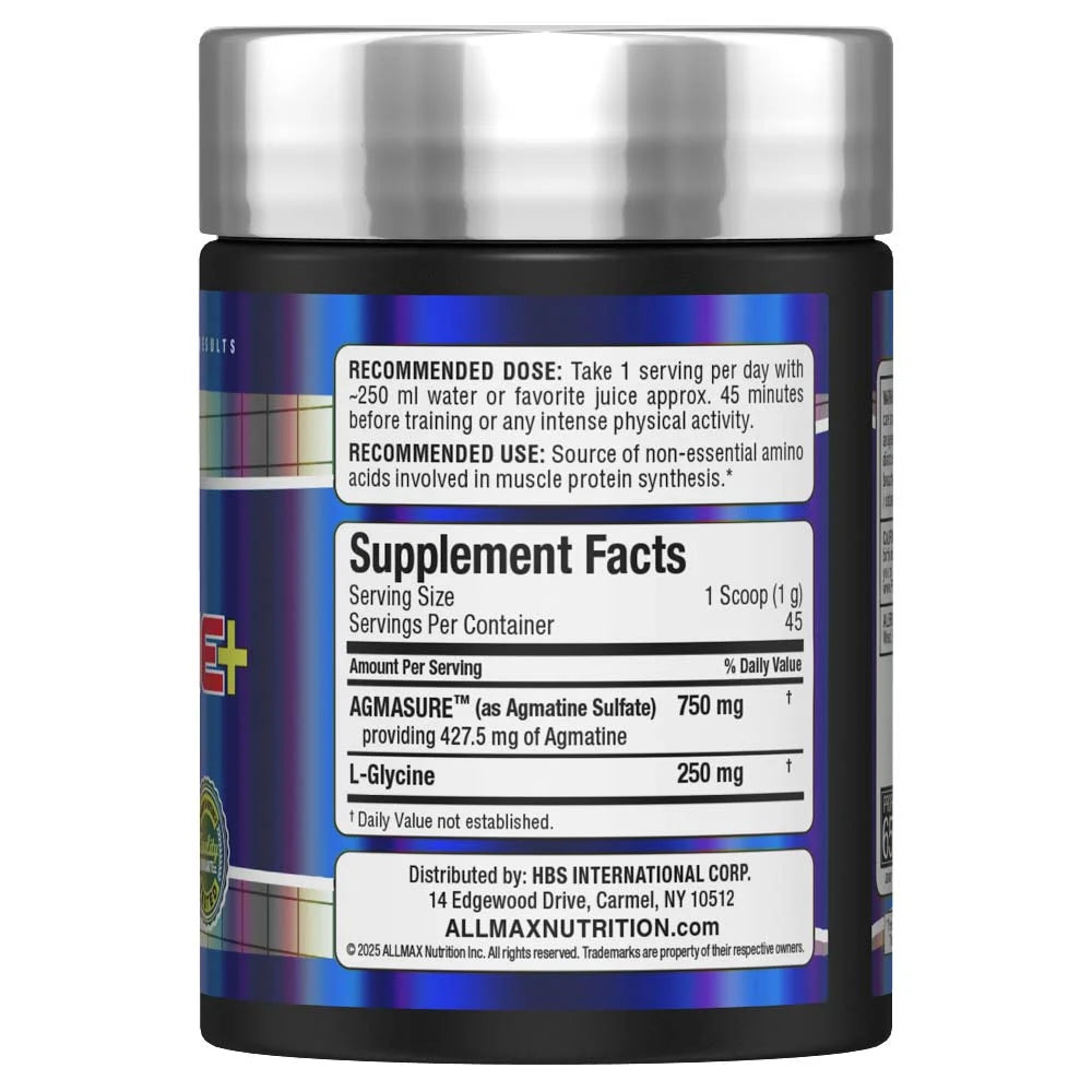 Allmax Agmatine+ Powder 45g right side view displaying supplement warnings for guaranteed quality.