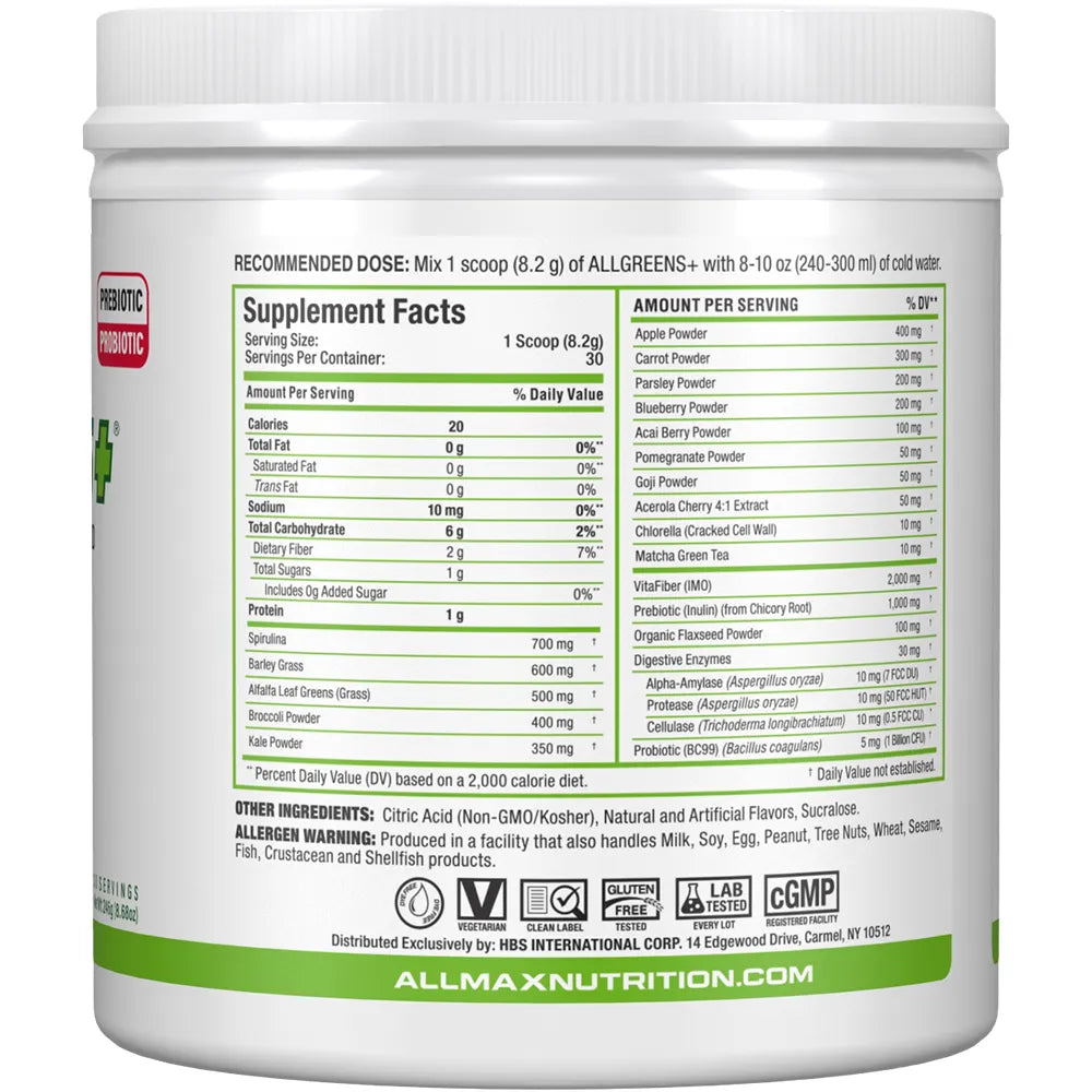 A white plastic tub of All Greens+ protein powder with a detailed supplement facts label on the side, showing ingredients, recommended dosage, and nutritional information.