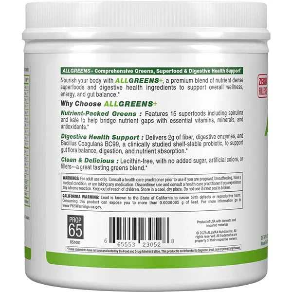 ALLMAX ALLGREENS+ Lemon Lime left view highlighting the superfood blend for comprehensive digestive health support.
