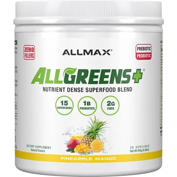 ALLMAX ALLGREENS+ Superfood Blend in Pineapple Mango flavor provides essential probiotics for optimal gut health.