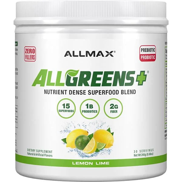 ALLMAX Allgreens+ Superfood Blend in Lemon Lime flavor provides probiotics and fiber for gut health.
