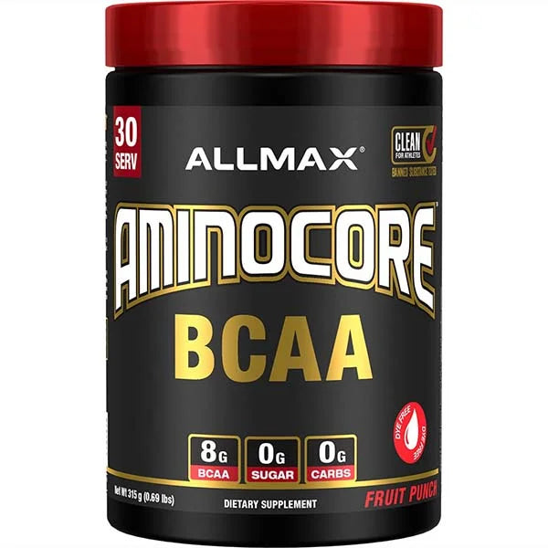 Allmax Aminocore BCAA Fruit Punch 315g supplement with 8g of BCAAs for muscle recovery and zero sugar.