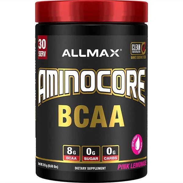 ALLMAX Aminocore BCAA Pink Lemonade supports muscle recovery with 8g of BCAAs and zero sugar.