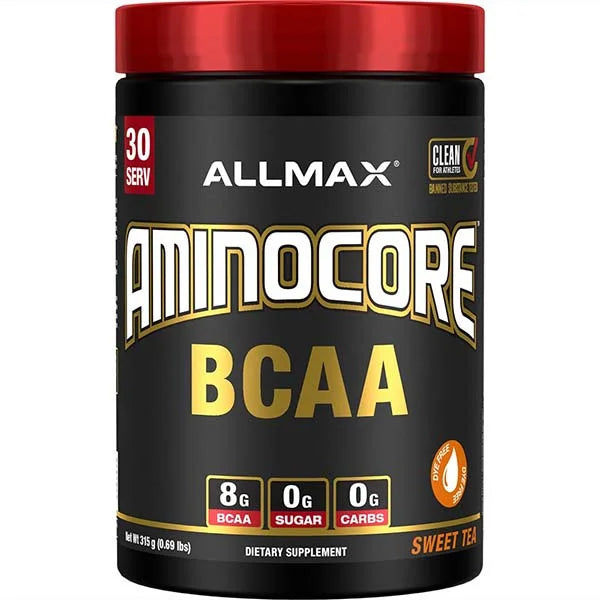 Allmax Aminocore BCAA in Sweet Tea flavour with 8g of BCAAs to support muscle recovery and hydration.