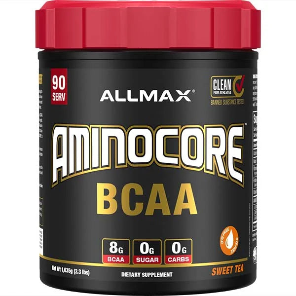 ALLMAX Aminocore BCAA Sweet Tea supplement with 8g of BCAAs for muscle recovery and zero sugar.