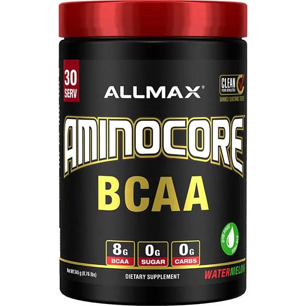 Allmax Aminocore BCAA Watermelon supplement with 8g of BCAAs for athletic recovery and muscle support.