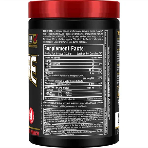 Allmax Aminocore Fruit Punch 315g right view showing supplement facts for enhanced muscle recovery.