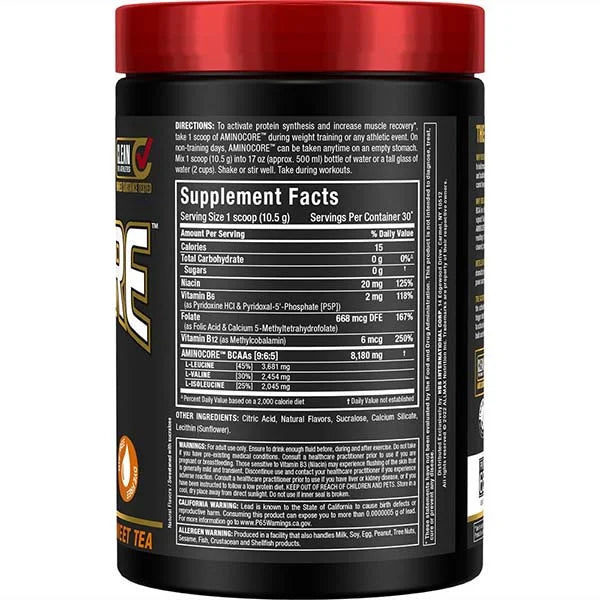 Allmax Aminocore Sweet Tea BCAAs right view showing supplement facts for muscle recovery.