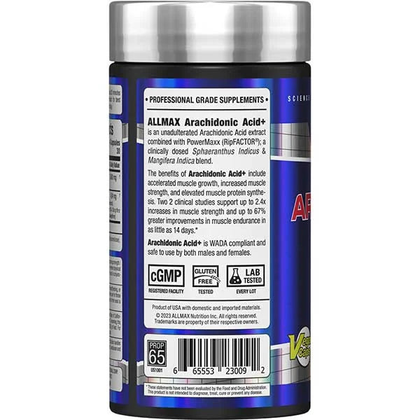 Allmax Arachidonic Acid+ capsules left side view featuring muscle growth claims and gluten-free certification.