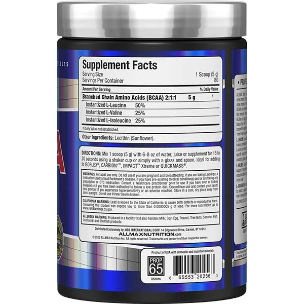 ALLMAX BCAA 2:1:1 unflavoured 400g powder container right view showing supplement facts for muscle recovery.