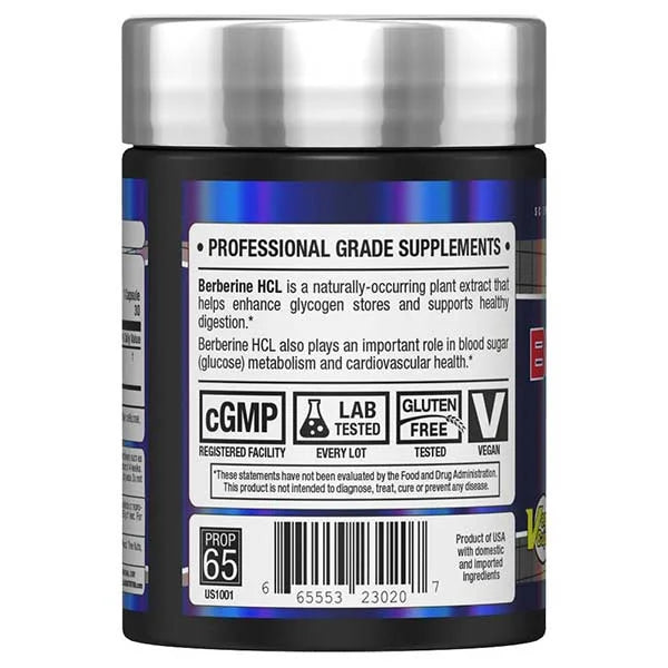 Allmax Berberine HCL 60 capsules left side view supporting healthy glucose metabolism and digestion.