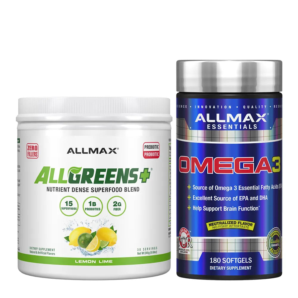 Two Allmax Essentials dietary supplement containers on a white background: a white Allgreens+ powder tub and a blue Omega 3 softgel bottle.