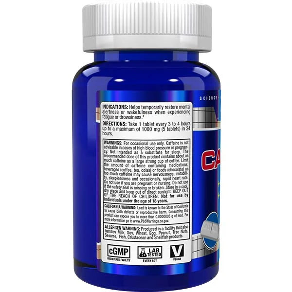 ALLMAX Caffeine 200mg tablets in a left side view, designed to restore mental alertness and focus.