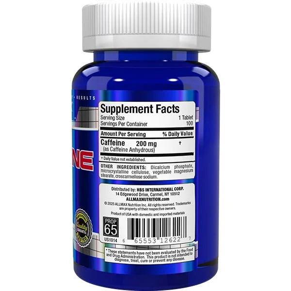 Allmax Caffeine 200 mg 100 tablets right side view showing supplement facts for mental alertness.