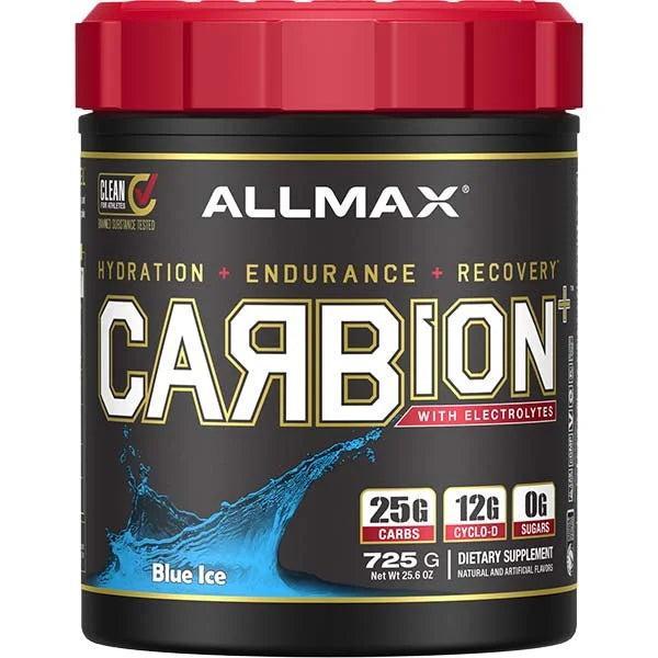 ALLMAX CARBION+ Blue Ice 725g endurance supplement with 25g carbs for rapid recovery.
