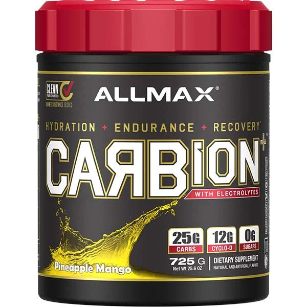 Allmax Carbion+ Pineapple Mango 725g carbohydrate powder with electrolytes to support hydration and endurance.