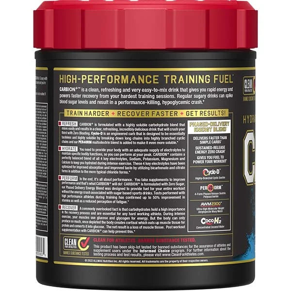 Allmax CARBION+ training fuel left side view highlighting its banned substance tested phased energy blend.