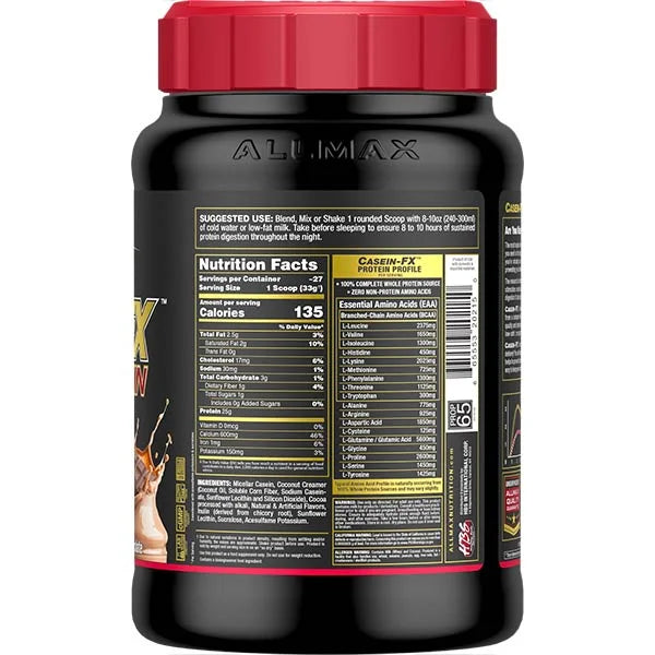 Allmax CaseinFX chocolate protein 2lb right side view with nutrition facts for sustained muscle recovery.