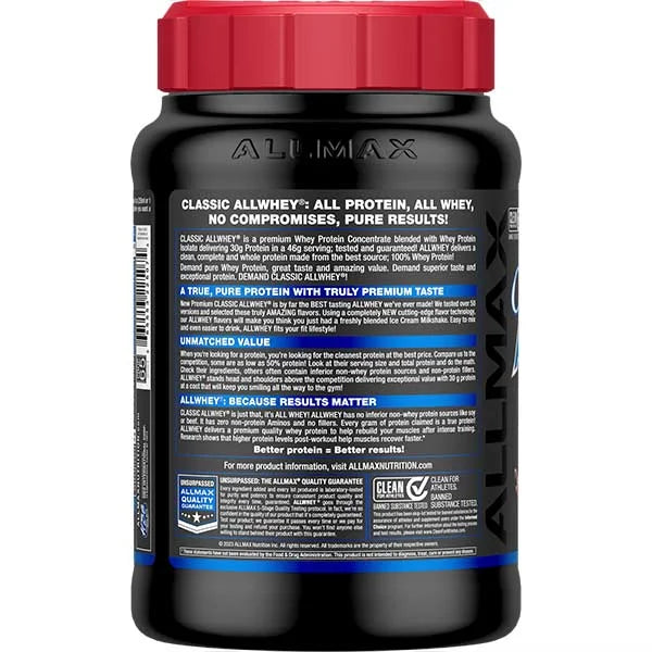 Allmax Classic AllWhey Chocolate 2lb left view showing 30g of muscle-building protein and supplement facts.