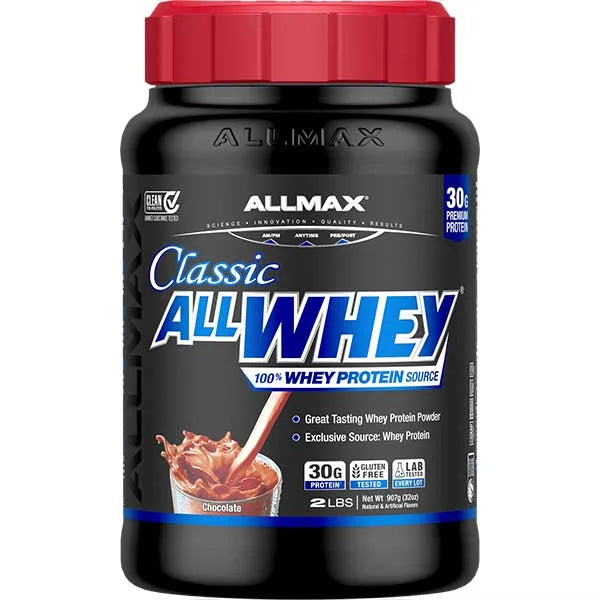 Classic ALLWHEY Chocolate Protein Powder with 30g of premium protein for muscle support and recovery.