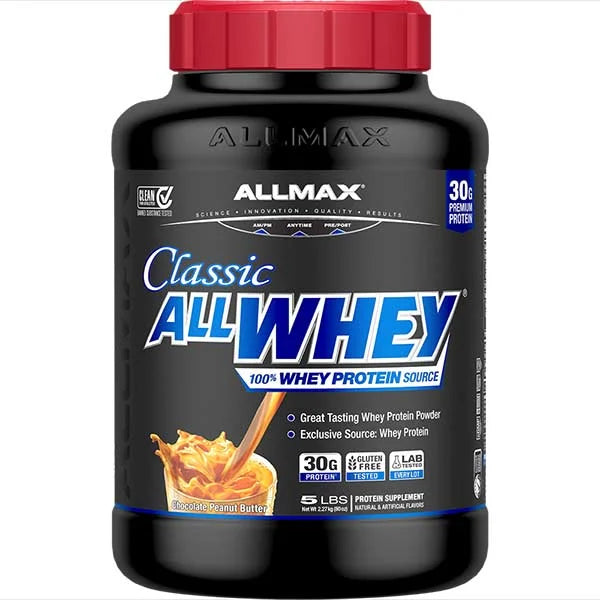 Allmax Classic ALLWHEY in chocolate peanut butter flavour provides 30g of premium protein for muscle recovery.