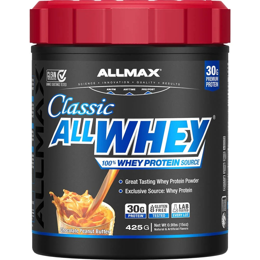 Classic ALLWHEY Chocolate Peanut Butter protein powder by ALLMAX with 30g of protein for muscle recovery.