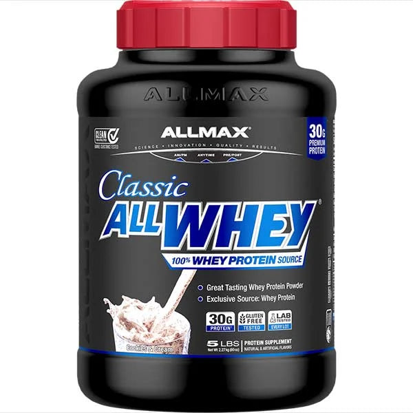 Allmax Classic ALLWHEY Cookies and Cream protein powder with 30g of premium protein per serving.