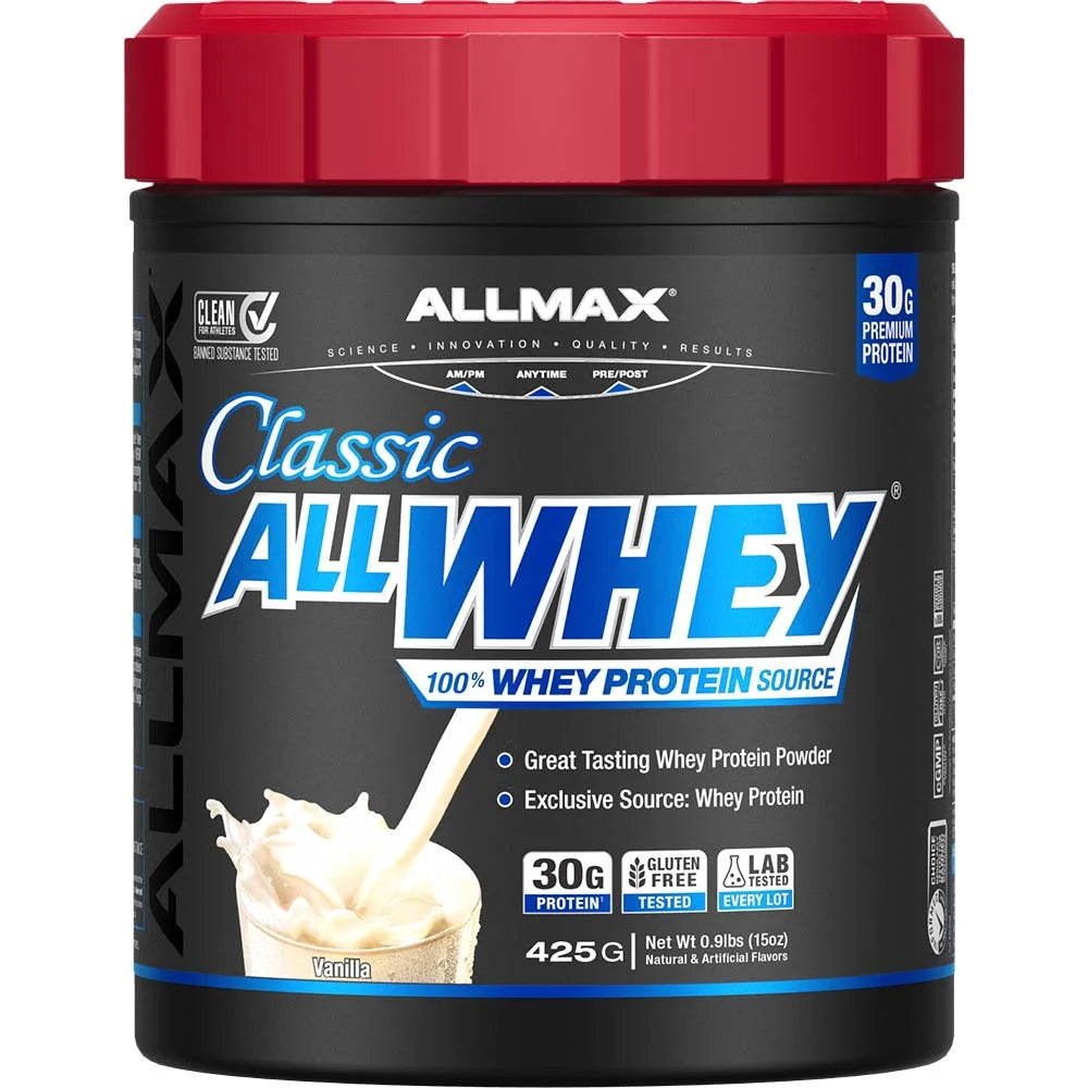 Classic ALLWHEY vanilla protein powder with 30g of premium protein for muscle recovery and performance.