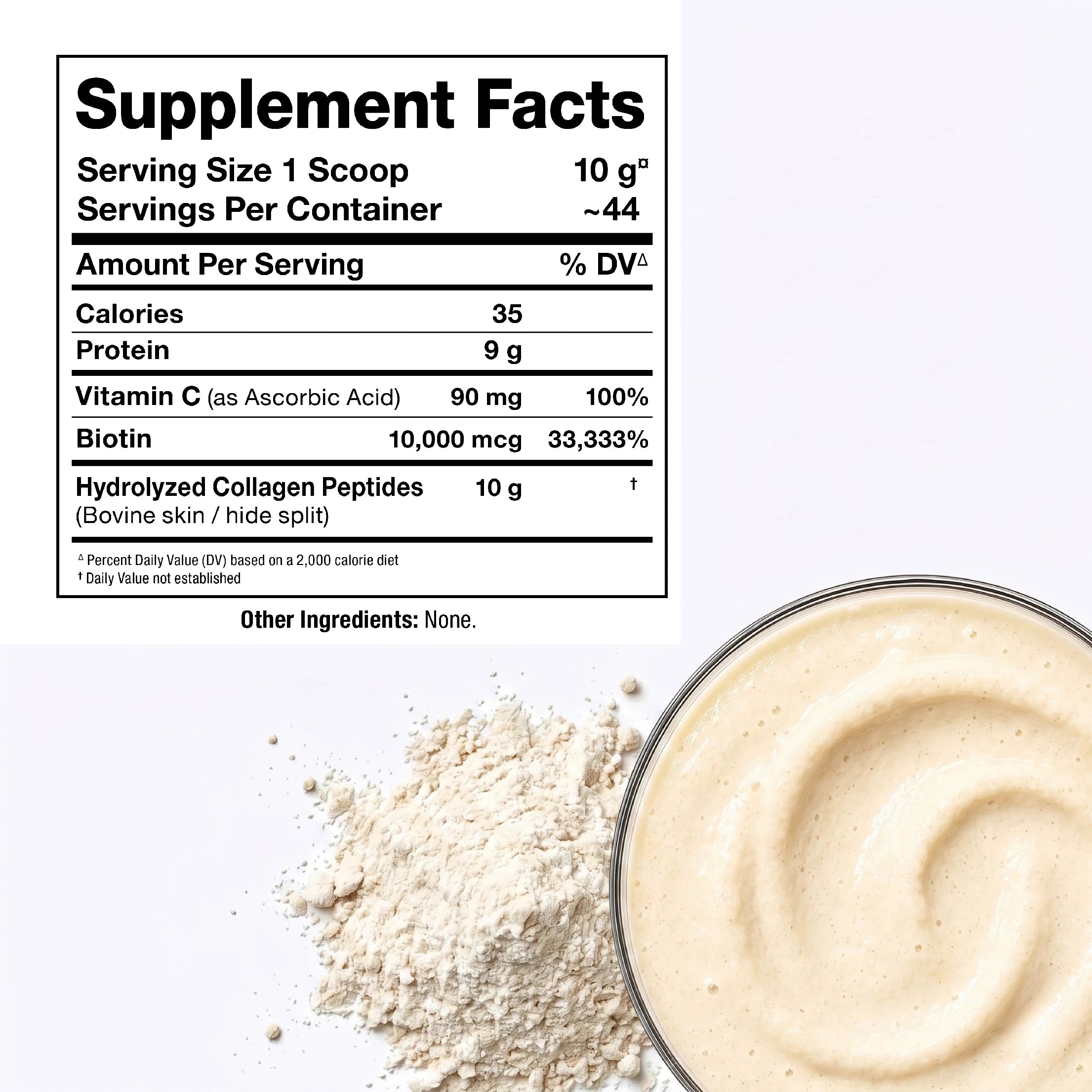 Supplement facts label with a scoop of protein powder and a bowl of protein shake.