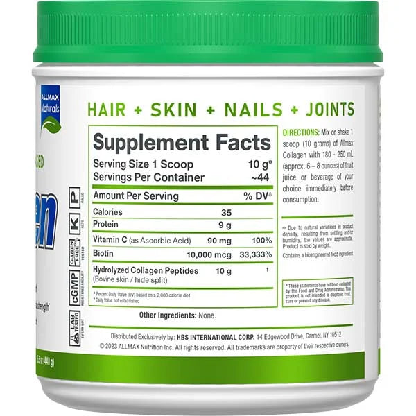 Allmax Naturals Collagen unflavoured 440g tub right view for hair and skin support.
