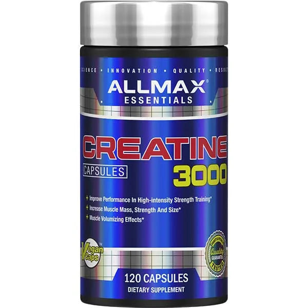 Allmax Creatine 3000 vegan capsules to help increase muscle mass and performance in a 120 count bottle.