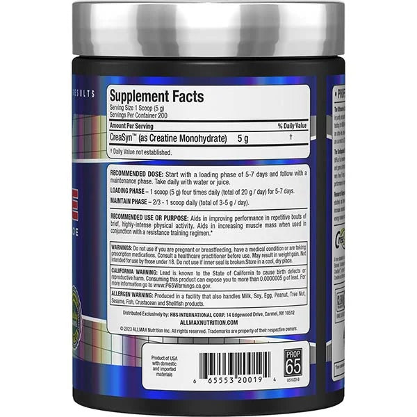 ALLMAX Creatine 1000g right view showing supplement facts for improved muscle mass and performance.