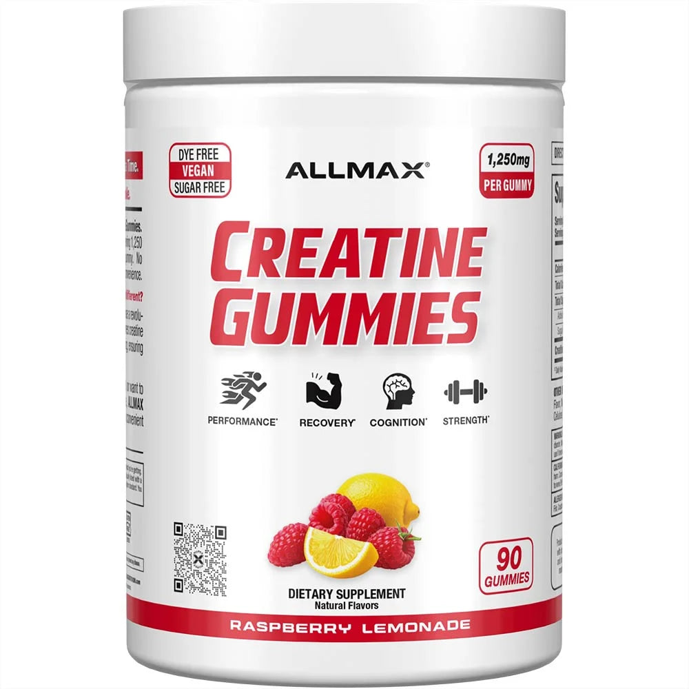 ALLMAX Creatine Gummies in Raspberry Lemonade flavor featuring 1,250mg of creatine per gummy for recovery.