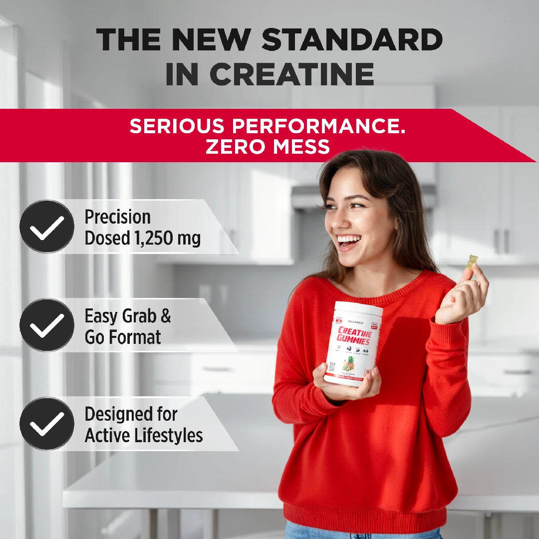 Woman holding a creatine supplement container with promotional text about its features.