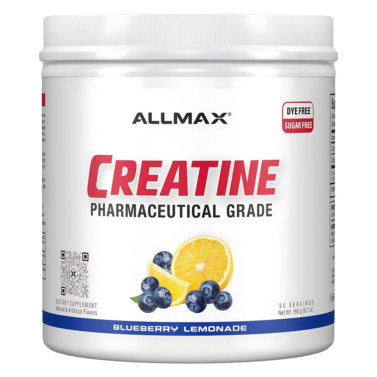 ALLMAX Creatine Pharmaceutical Grade in Blueberry Lemonade flavor offers 30 servings of sugar-free performance support.