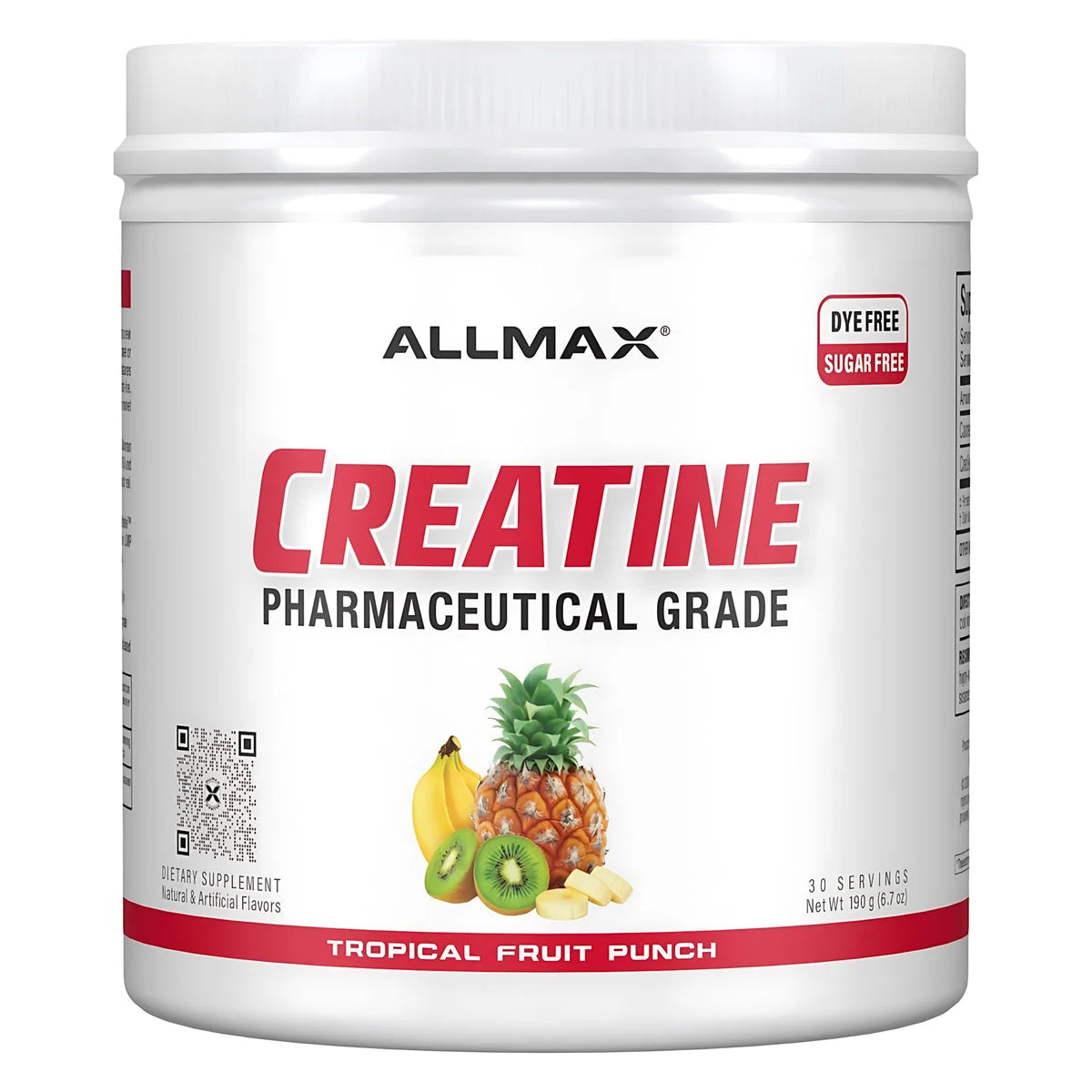 ALLMAX Creatine Pharmaceutical Grade Tropical Fruit Punch powder for sugar-free performance support.