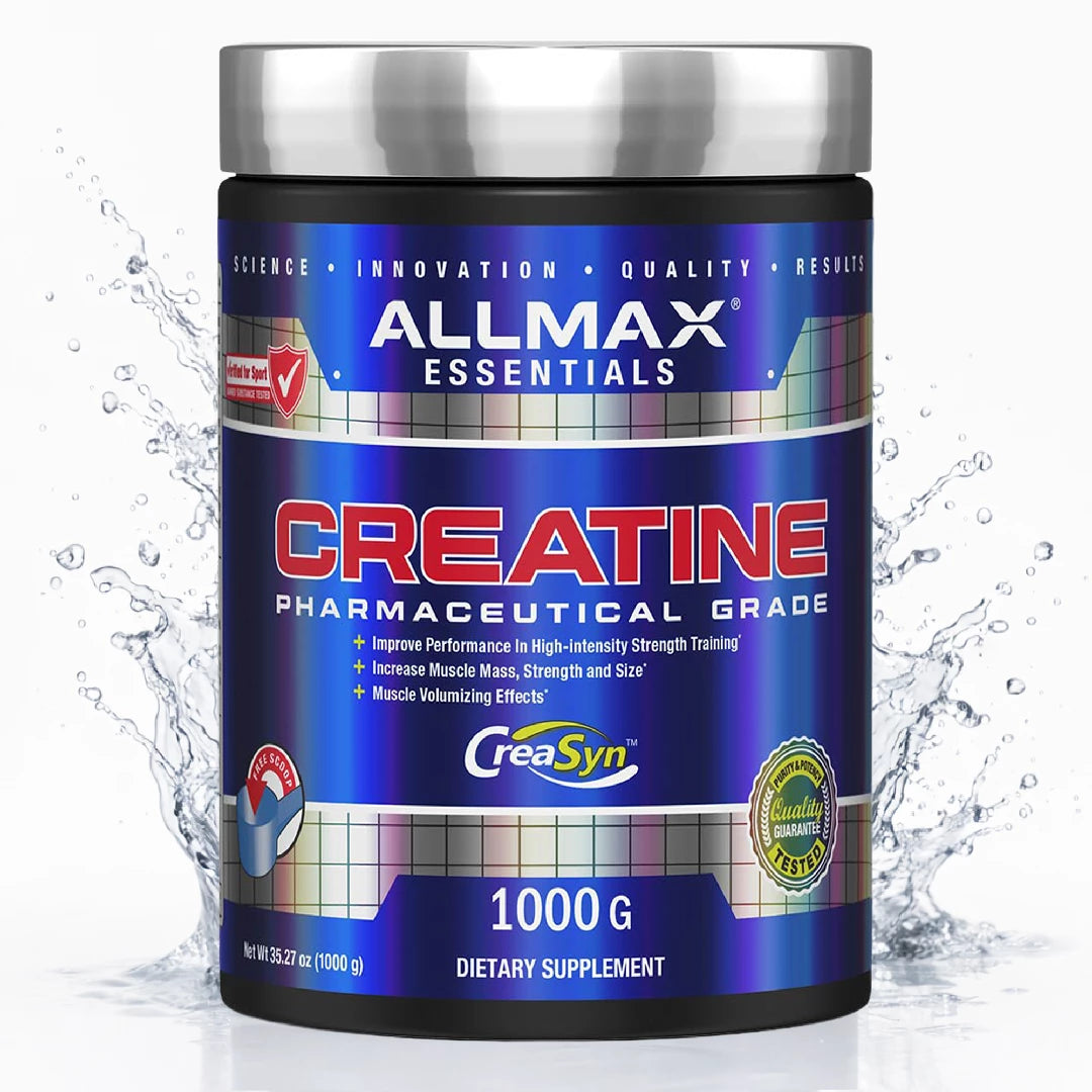 Allmax Essentials Creatine supplement container with water splash background